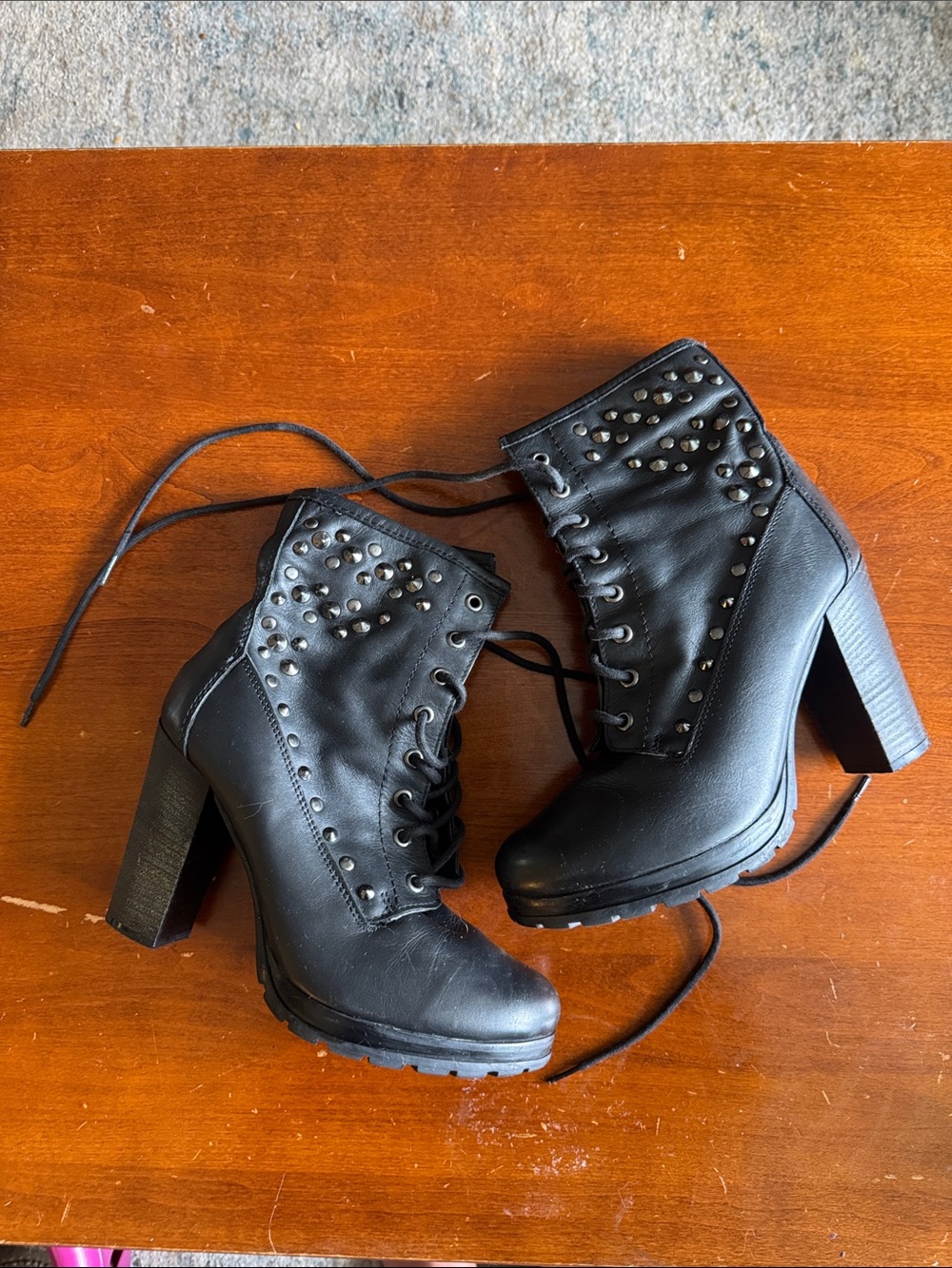 Aldo Black Studded Lace-Up Chunky Heel Boots